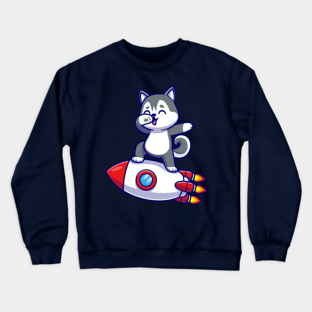 Cute Husky Dog Dabbing On Rocket Cartoon Crewneck Sweatshirt by Catalyst Labs